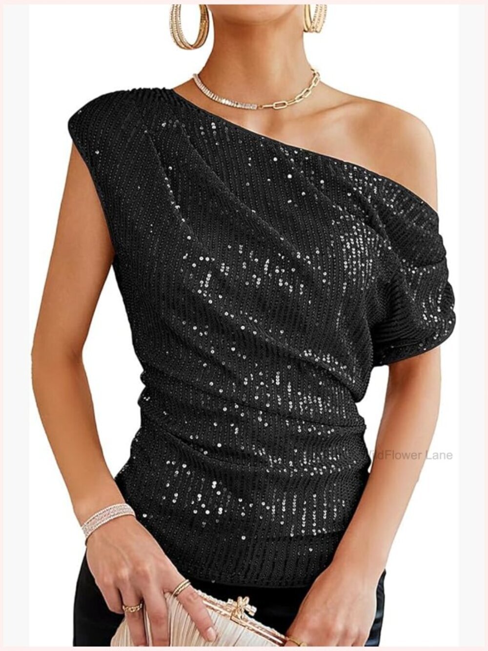 Sequin One Shoulder Sparkle Shimmer Concert Disco Party Tee